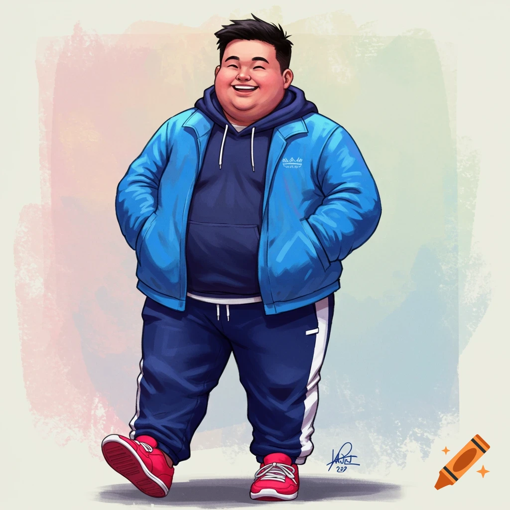 A smiling man wears a blue jacket over a navy hoodie, navy sweatpants with white stripes, and red shoes.