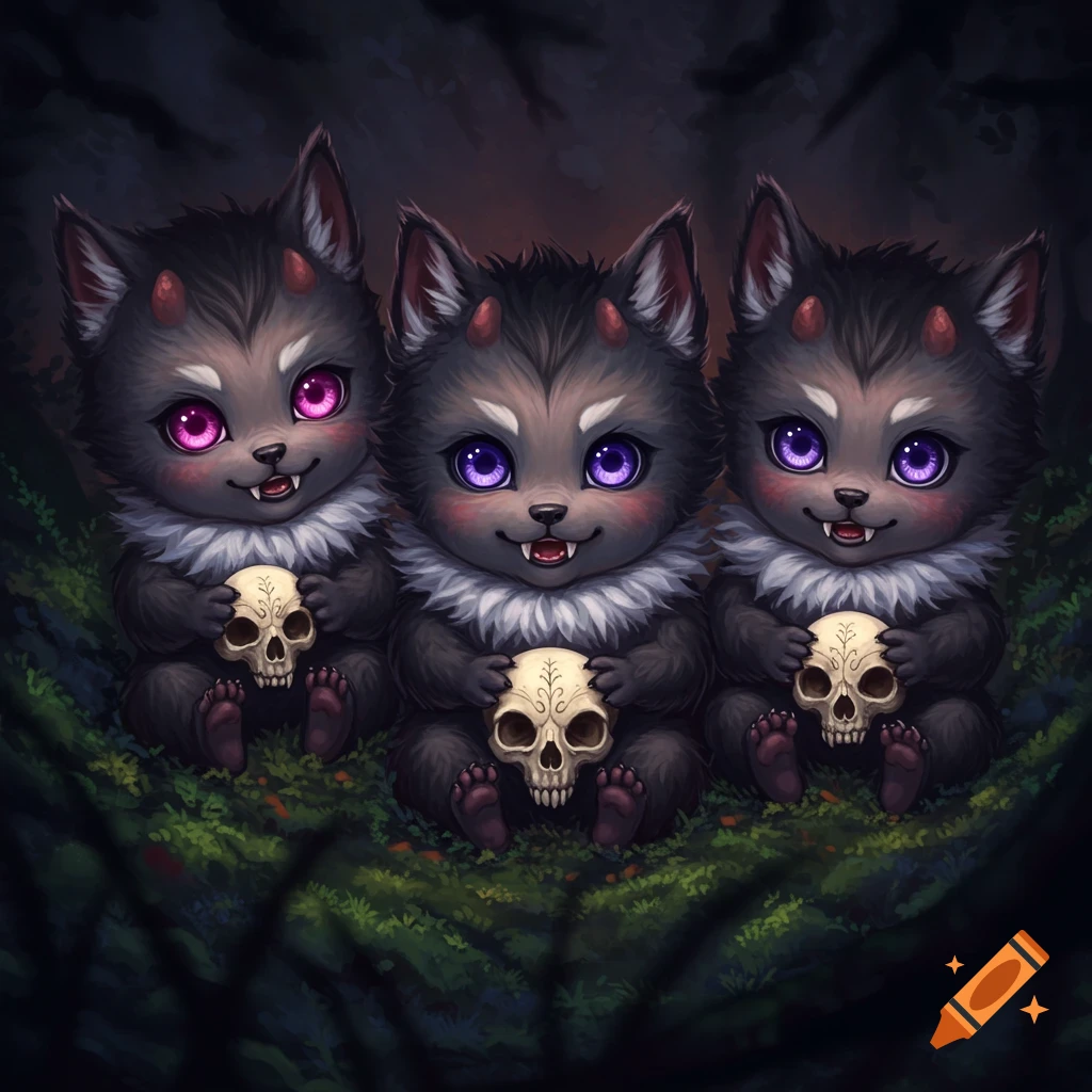 Three cute furry demon creatures with horns hold skulls in a dark forest.