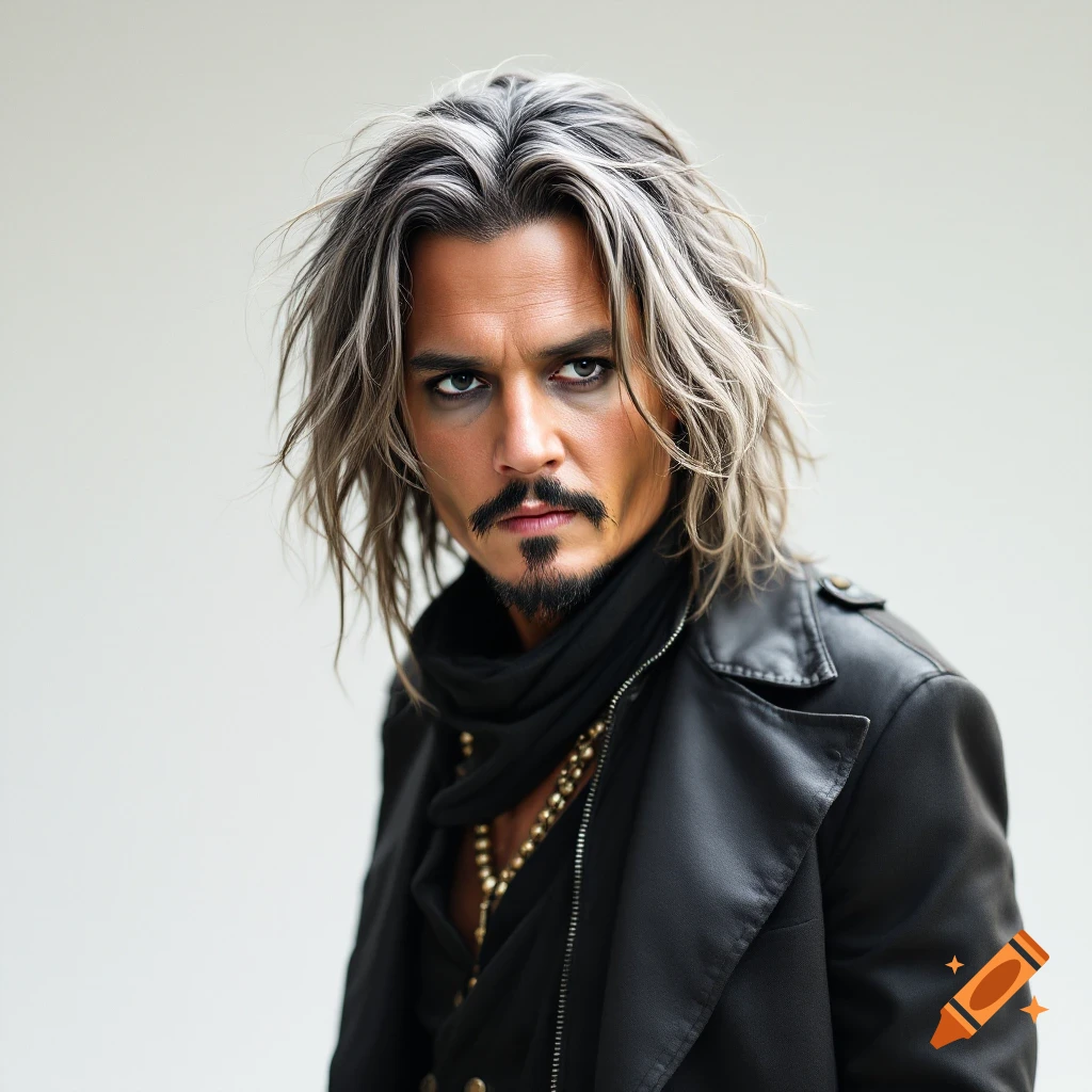 Portrait of a man resembling Johnny Depp with long silver hair, wearing a leather jacket and scarf
