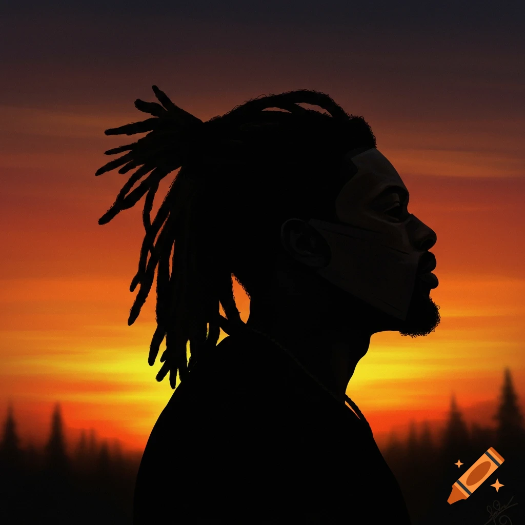 A man's silhouette in profile with dreadlocks and a mask stands against a colorful sunset.