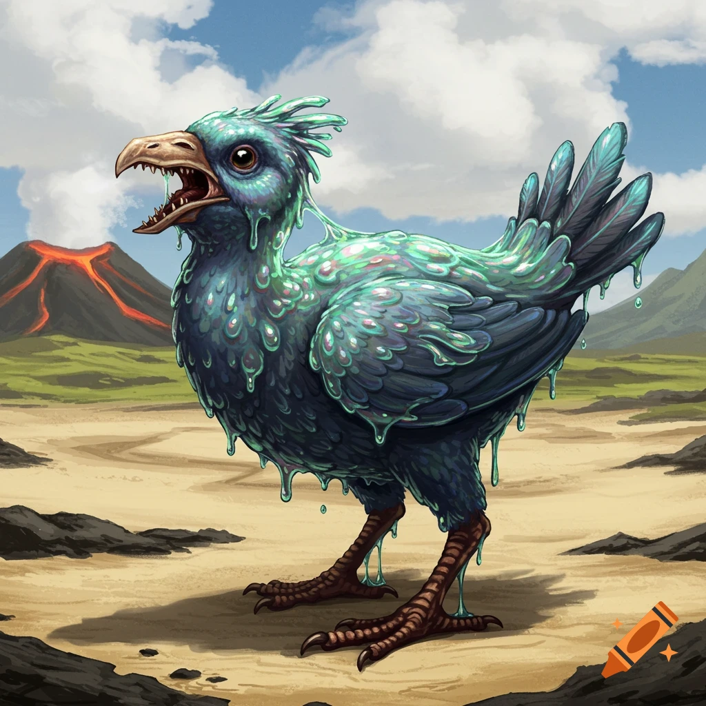 A slime-covered fantasy bird creature stands on a volcanic island.