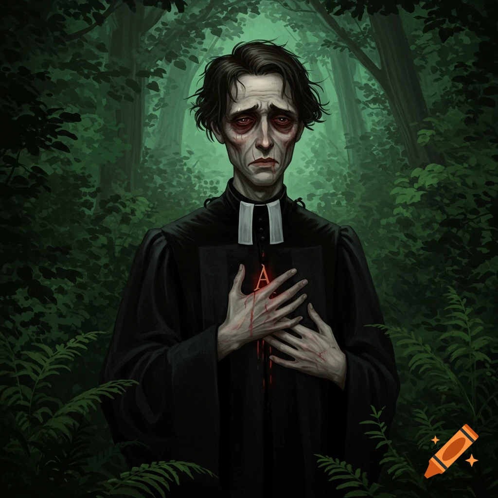 A man in priest robes with blood on his hands and chest, where a glowing 'A' appears, stands in a dark forest.