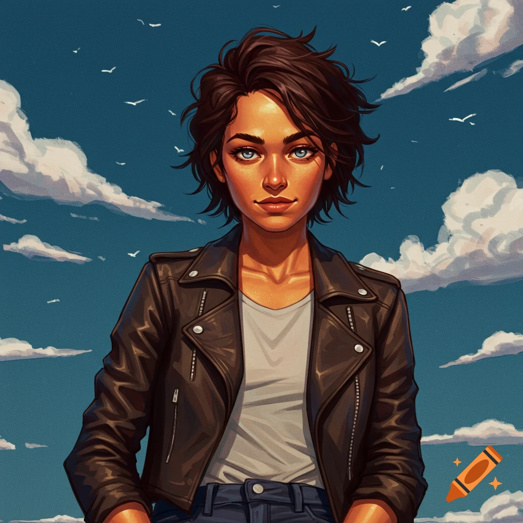 A young woman in a leather jacket against a sky.