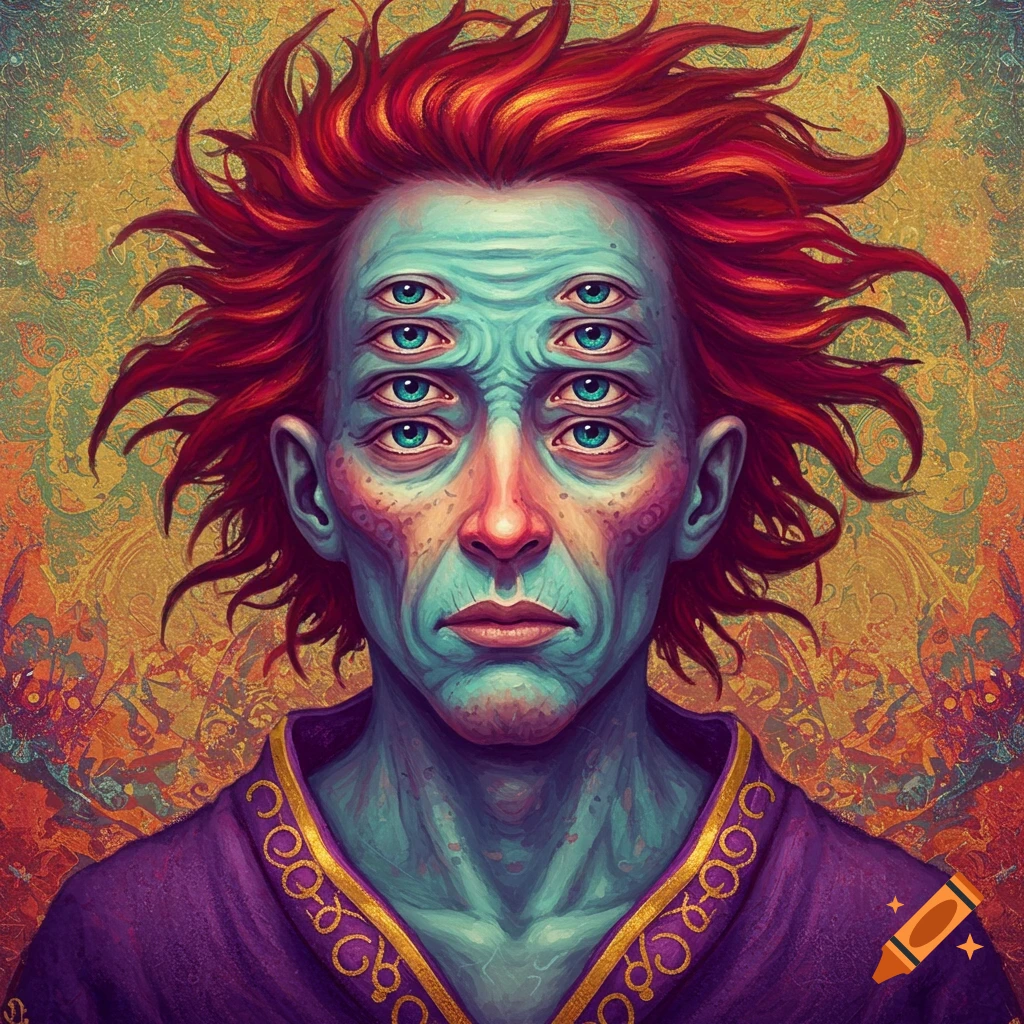 A portrait of a person with multiple eyes and red hair, wearing a purple robe.