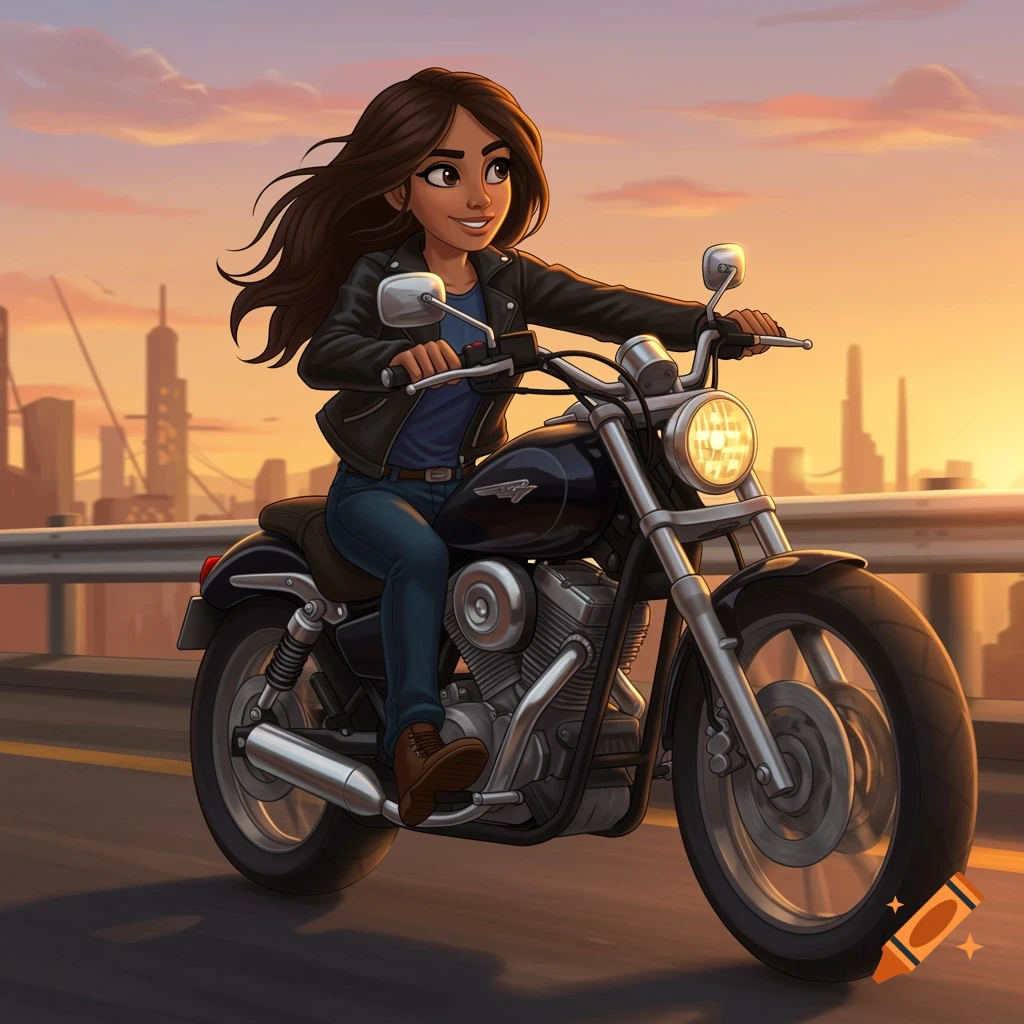 A young woman rides a black motorcycle on a bridge at sunset, with a cityscape in the background.