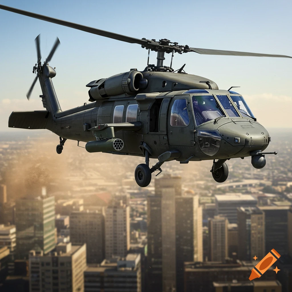A Black Hawk helicopter flies over a city skyline.