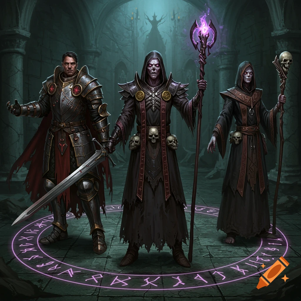 Three fantasy characters stand within a magical circle in a dark dungeon.