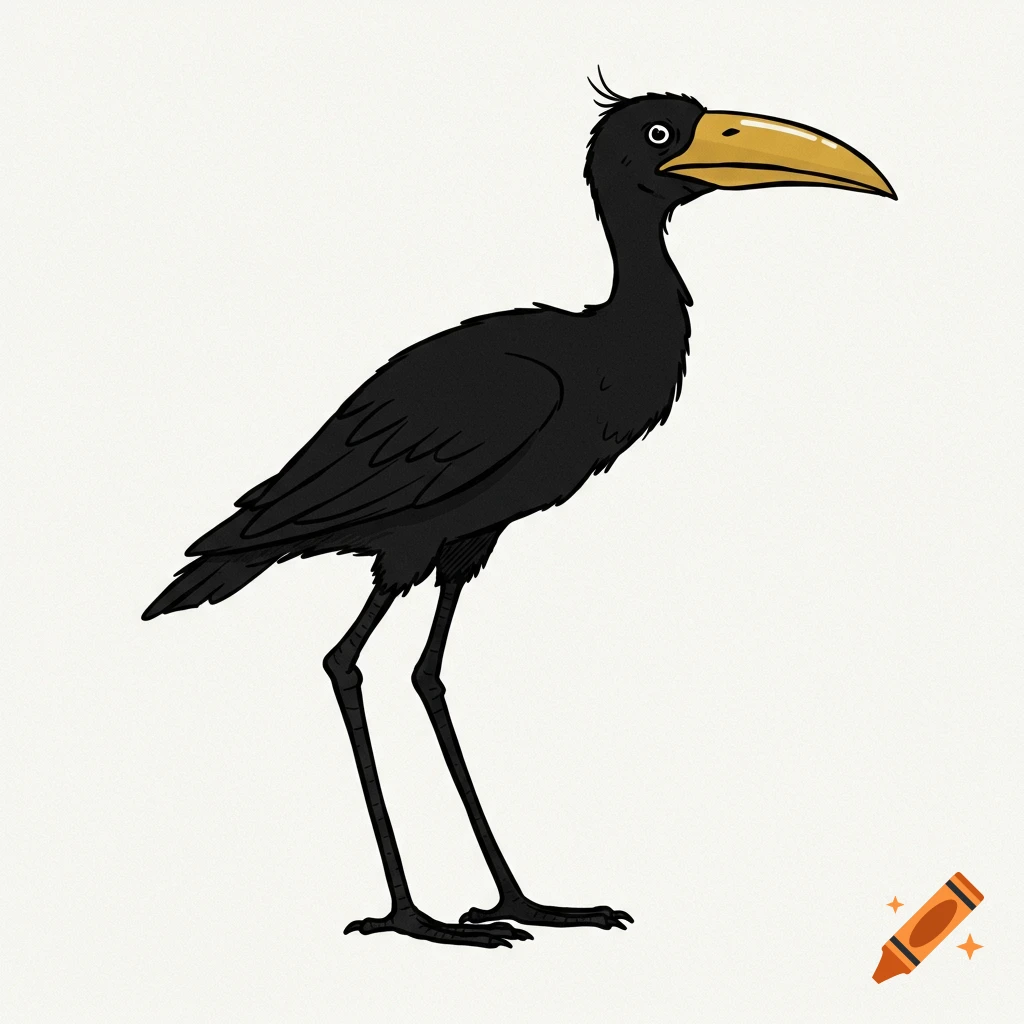 Crude line drawing of a black bird with a yellow beak and long legs.