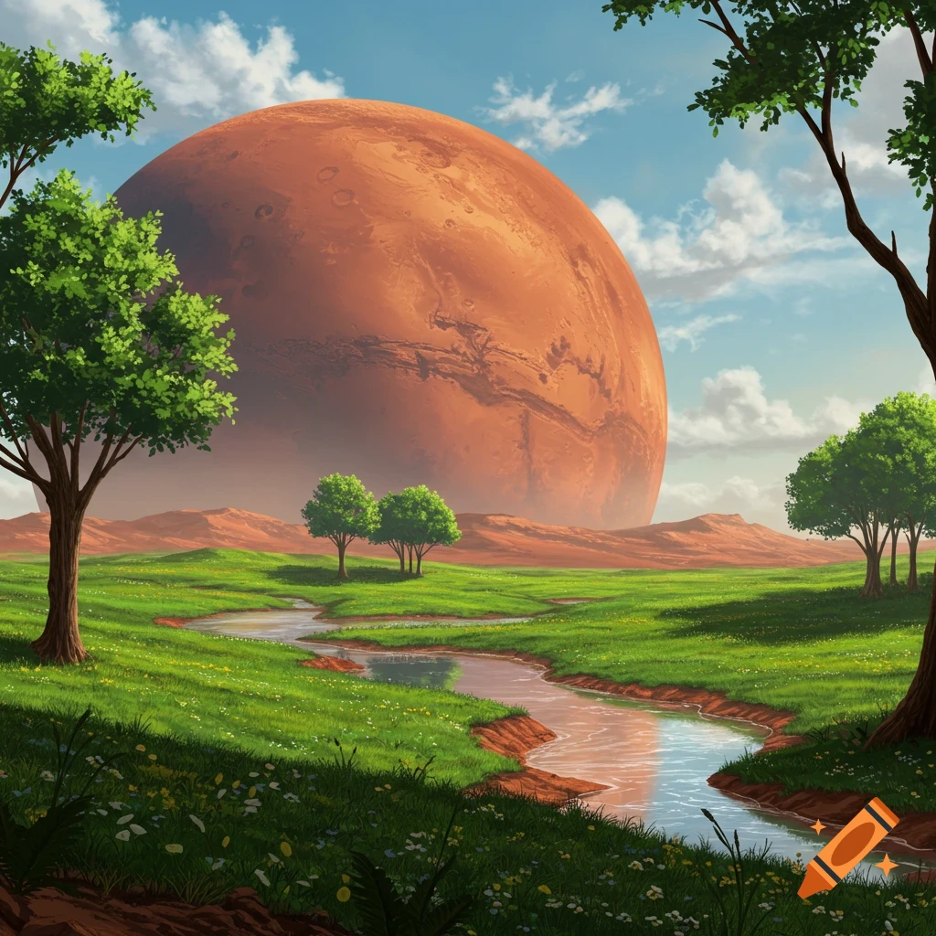 A green landscape with a winding stream, trees, and a large reddish planet dominating the sky.