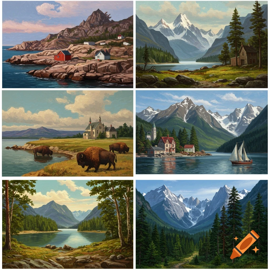 Collage of diverse Canadian landscapes with mountains, lakes, houses, bison, and a sailboat.