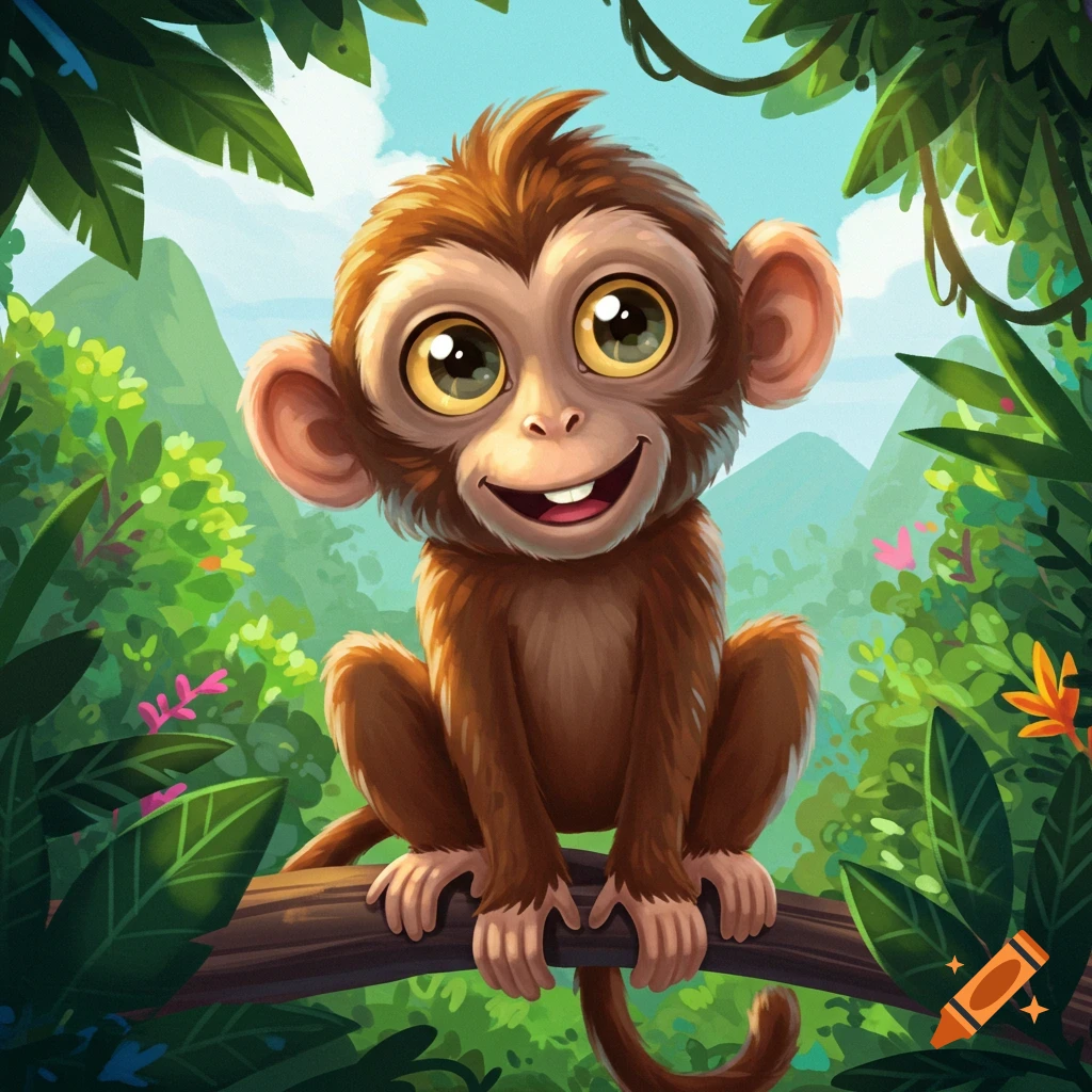 A cute cartoon monkey with big eyes sits on a branch in a lush jungle.