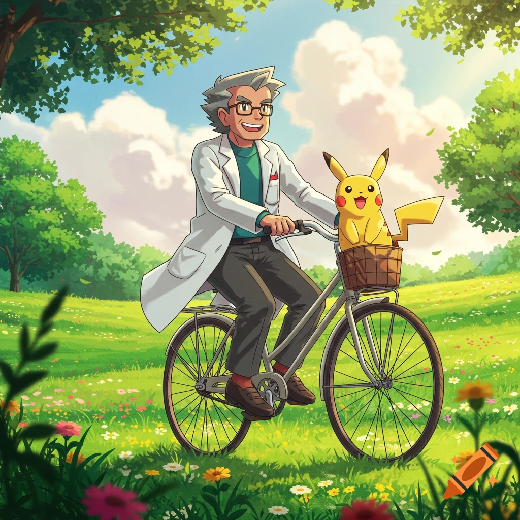 Professor Oak rides a bicycle through a park with Pikachu in the front basket. Illustration.