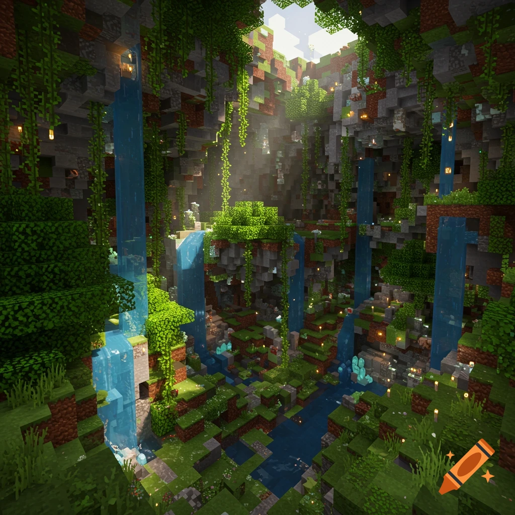 Detailed view inside a lush Minecraft cave with waterfalls, vines, and glowing plants.