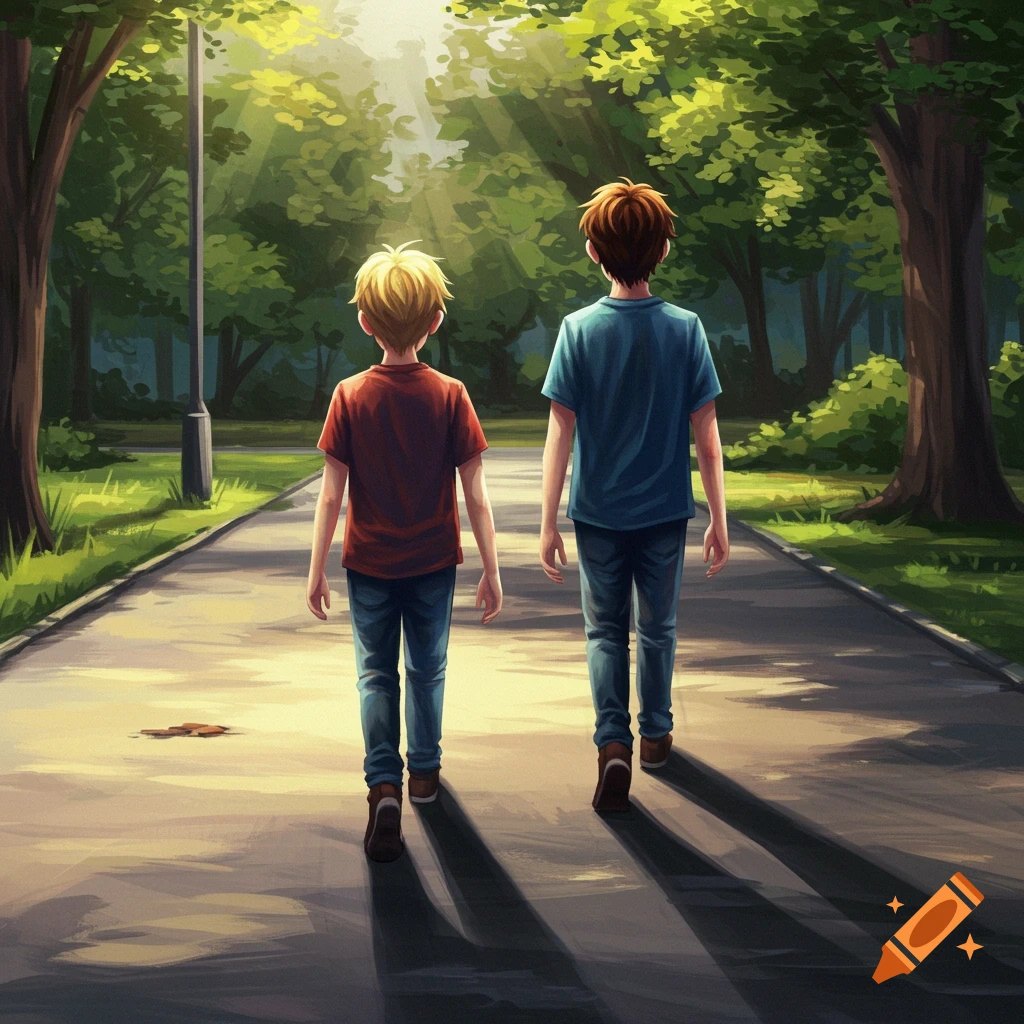 Two boys walk away down a park path in a painterly style.