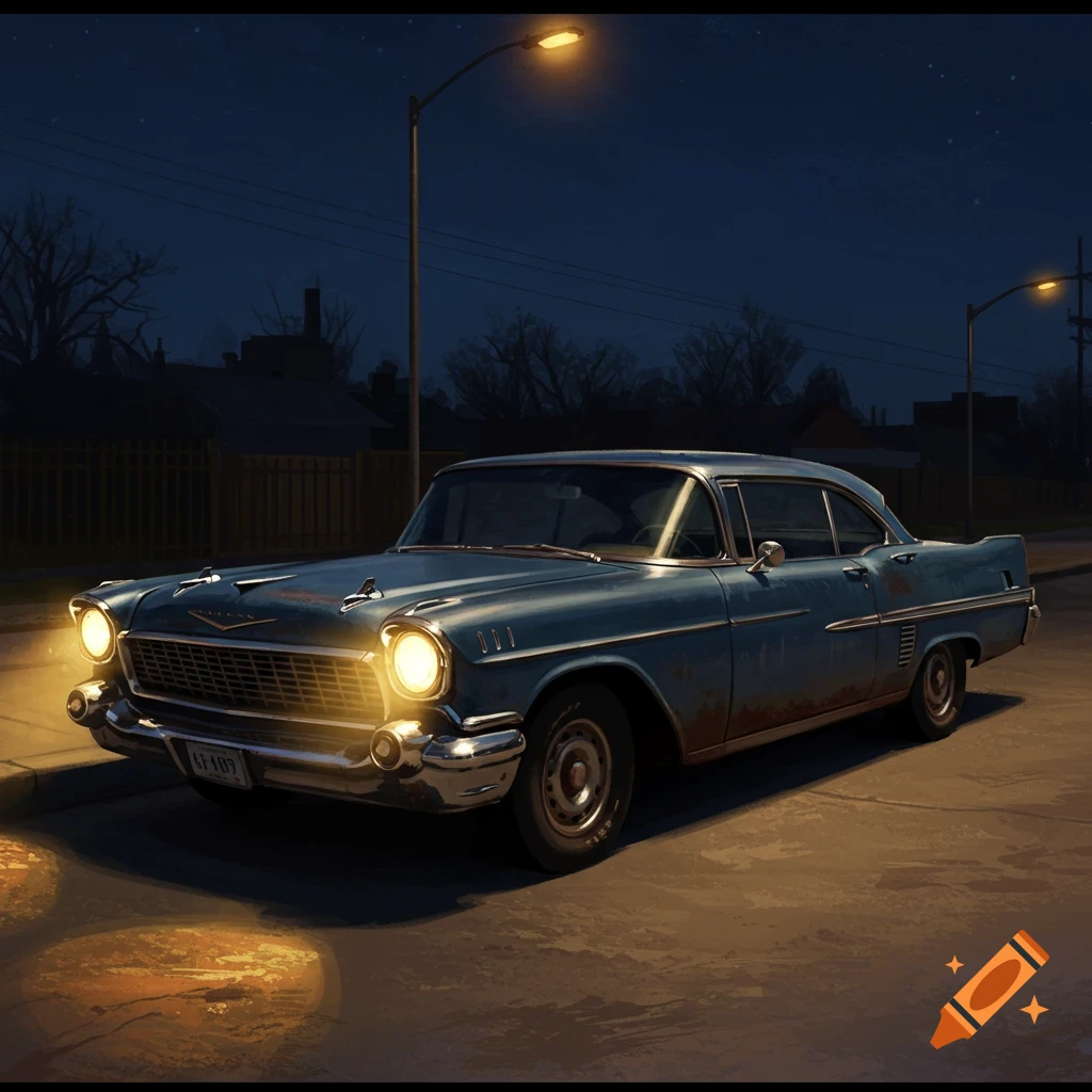 A blue old car parked on a street at night under streetlights.