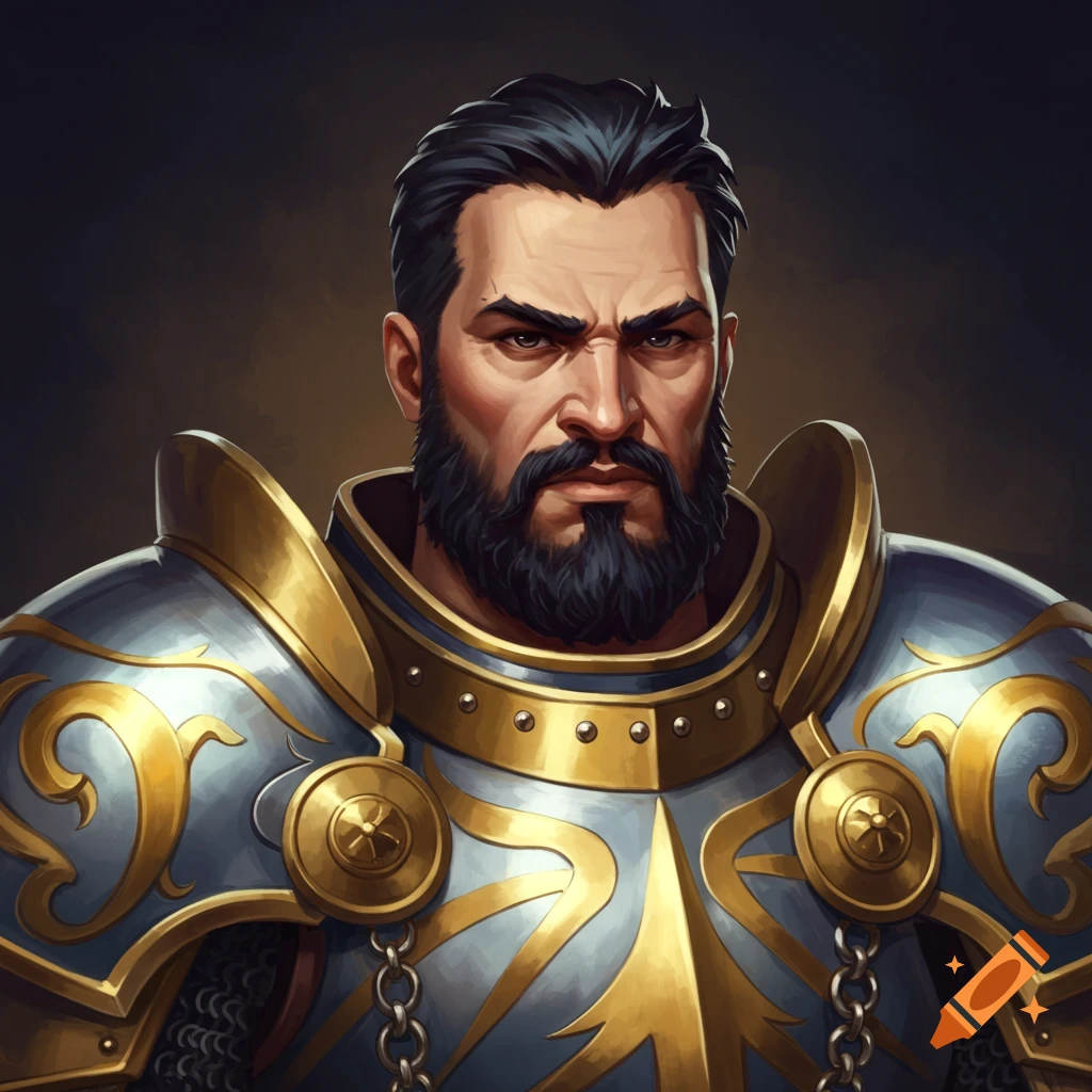 Bearded male paladin warrior in ornate armor