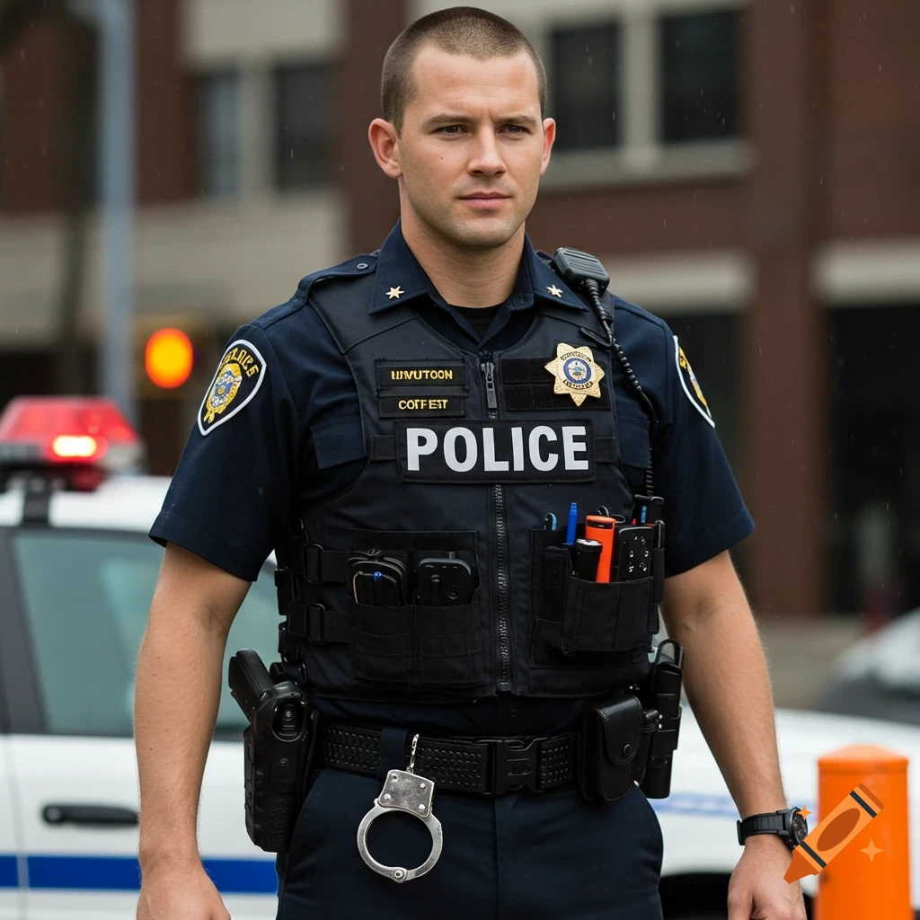 A man in a police uniform stands outdoors.