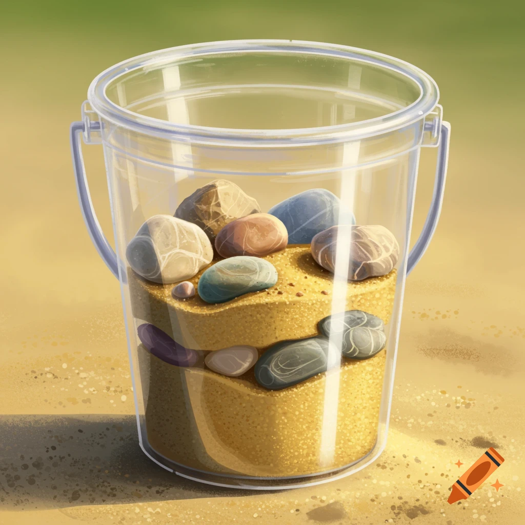 A transparent bucket filled with layers of sand and colorful rocks.