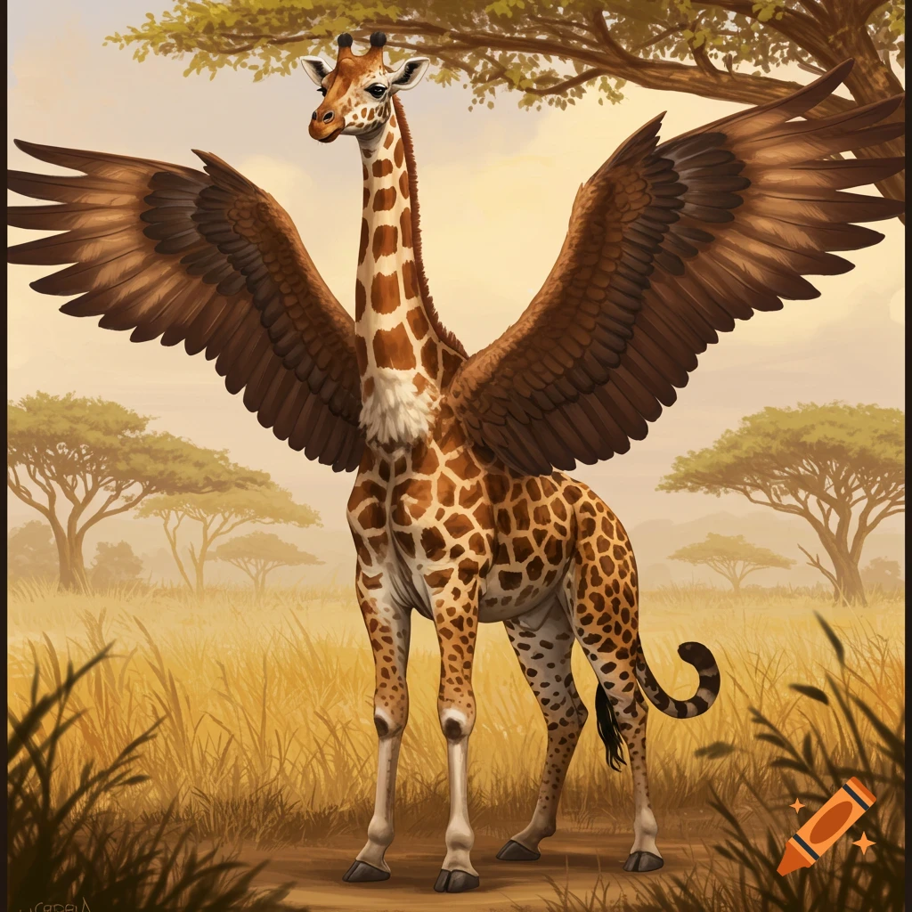 A giraffe with eagle wings is standing in a savanna.