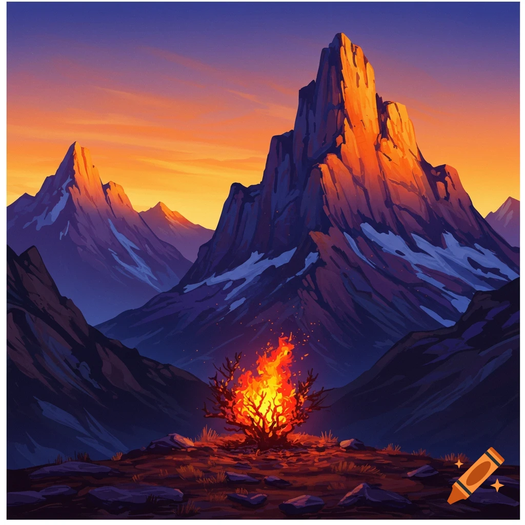 A mountain landscape at sunset with a small burning bush.
