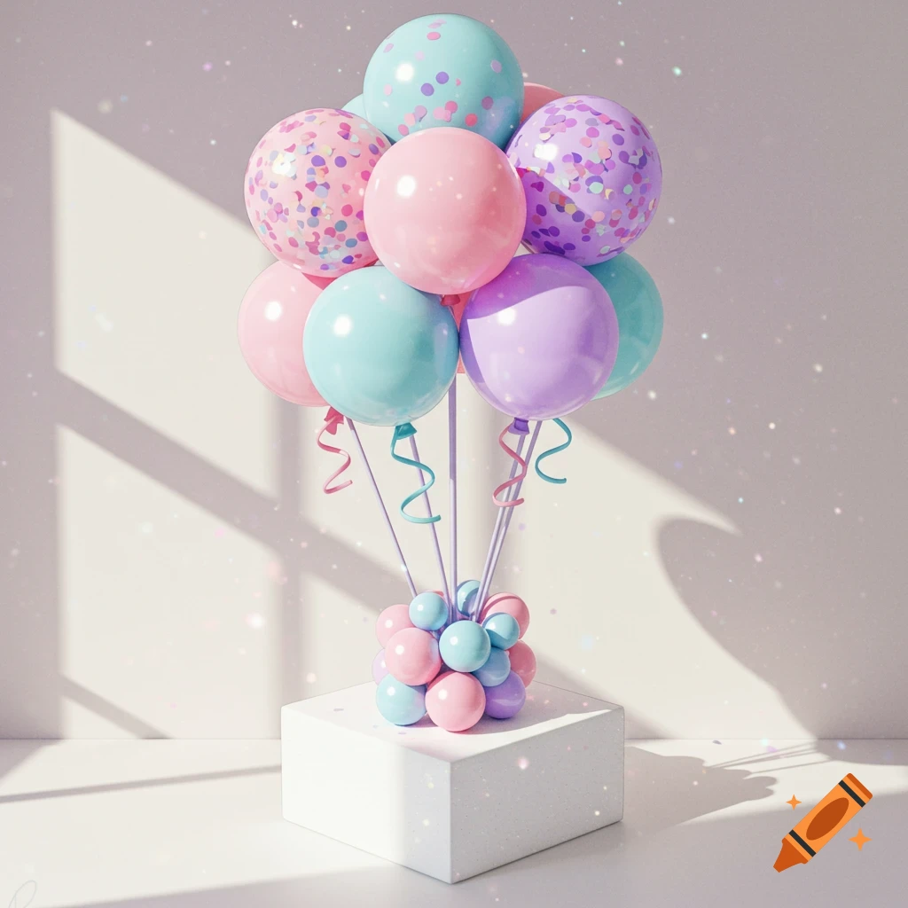 A pastel balloon bouquet on a white stand with shadows