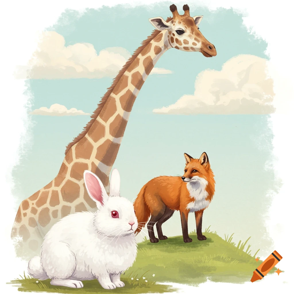 A giraffe, a fox, and a rabbit in a grassy field.