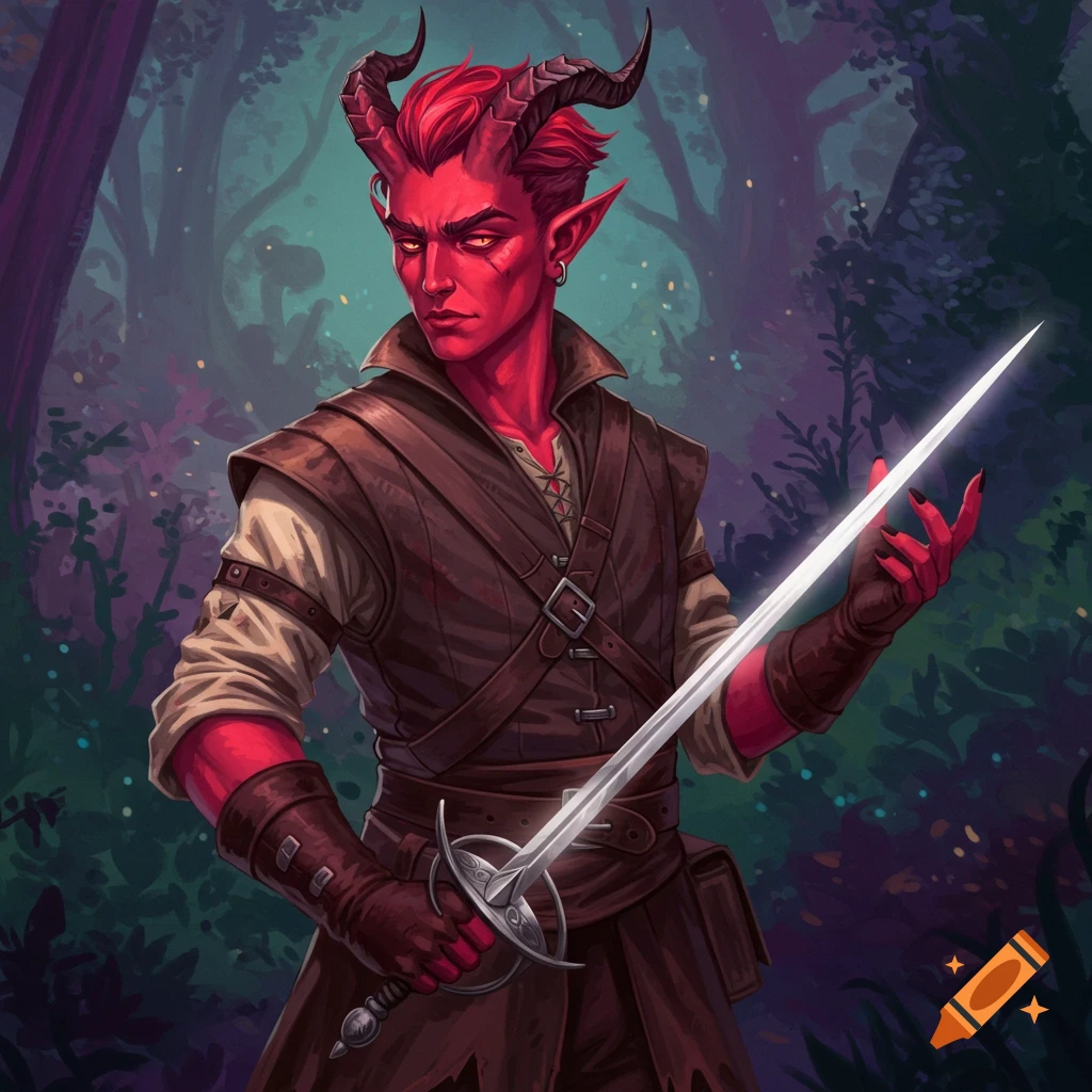 A red-skinned Tiefling man with horns, wearing leather armor, holding a rapier in a forest.