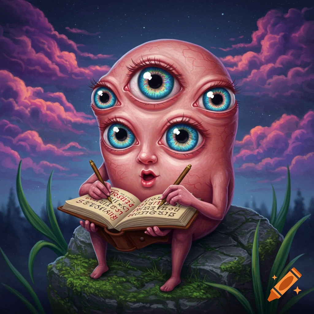 A surreal, pink creature with multiple blue eyes sits on a mossy rock, writing in a book with two pens, under a starry night sky with pink clouds.