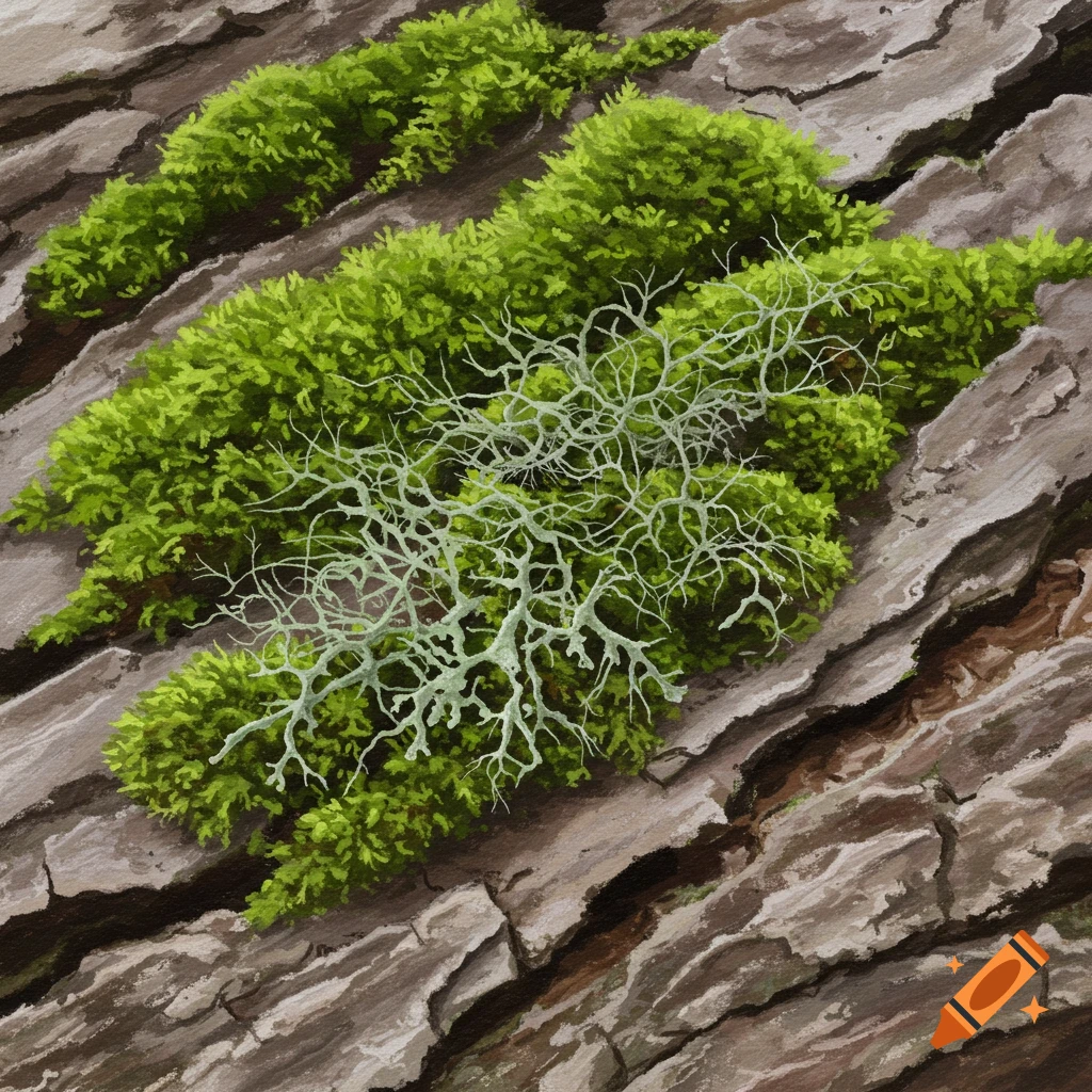 A close-up image of green moss and white lichen growing on tree bark.