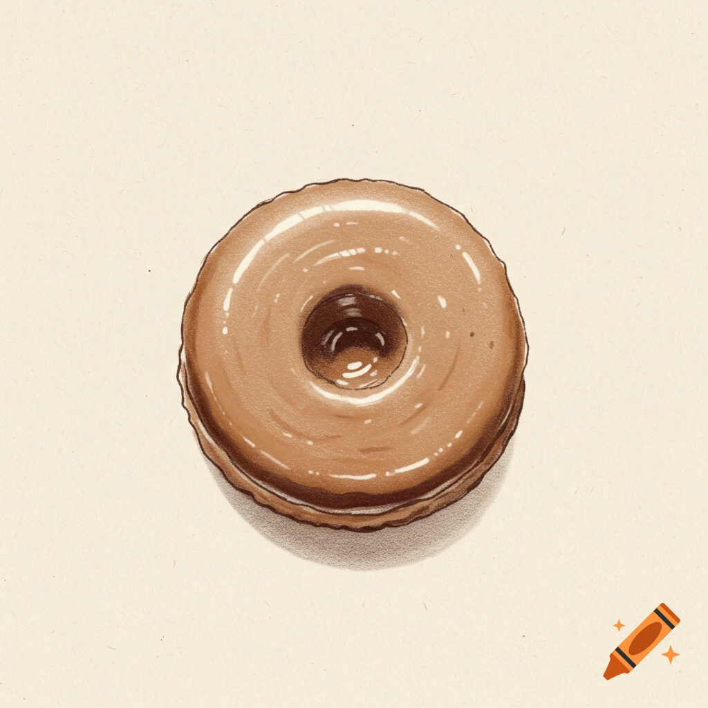 A top-down drawing of a brown glazed donut on a light background