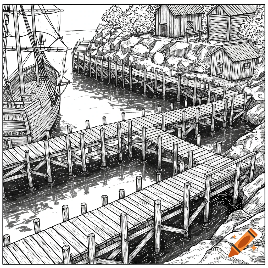 Black and white illustration of a harbor with a ship, docks, and houses.