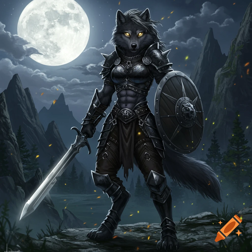Anthropomorphic wolf warrior in dark armor with sword and shield under a full moon in a mountain landscape.