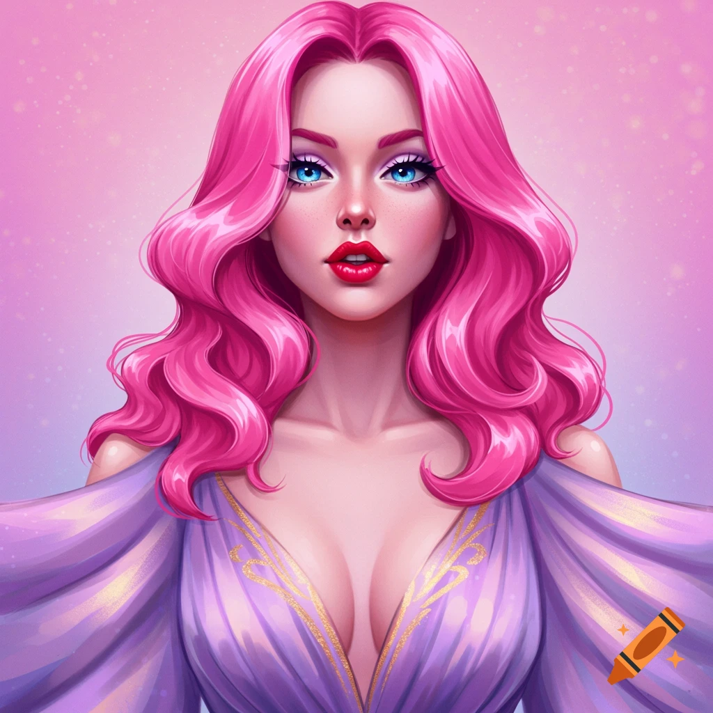 A woman with pink hair wears a flowing purple and gold dress.