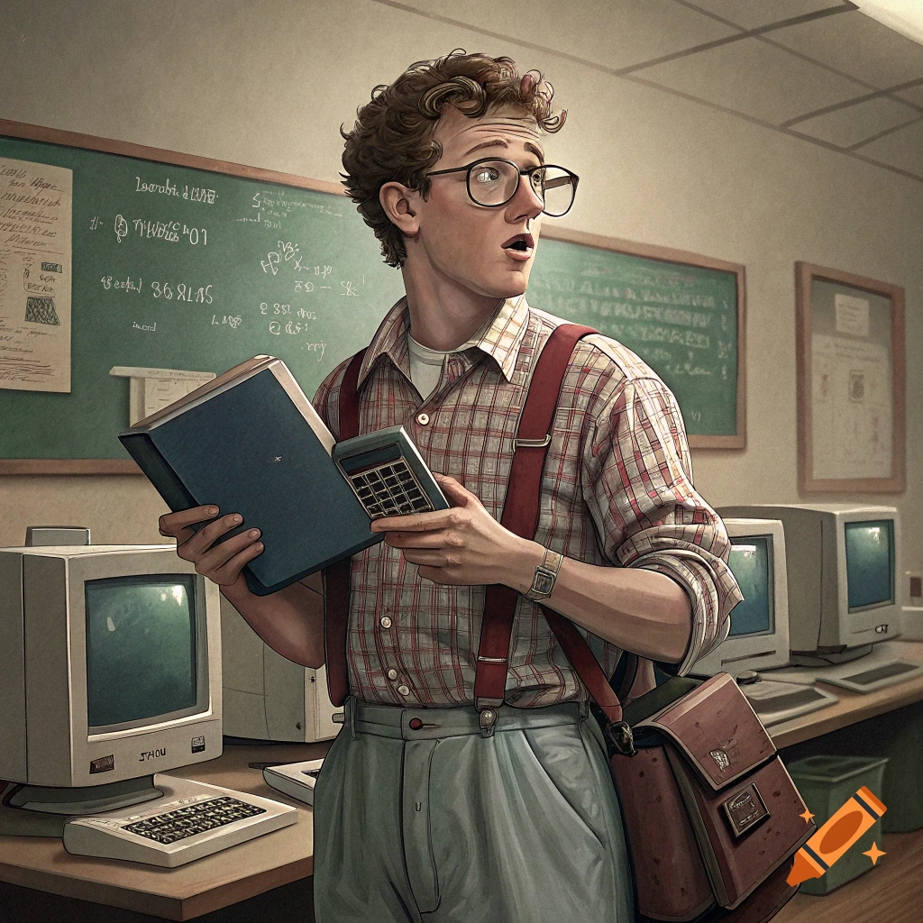 Man dressed as a stereotypical nerd holding a book and calculator in a classroom with vintage computers.