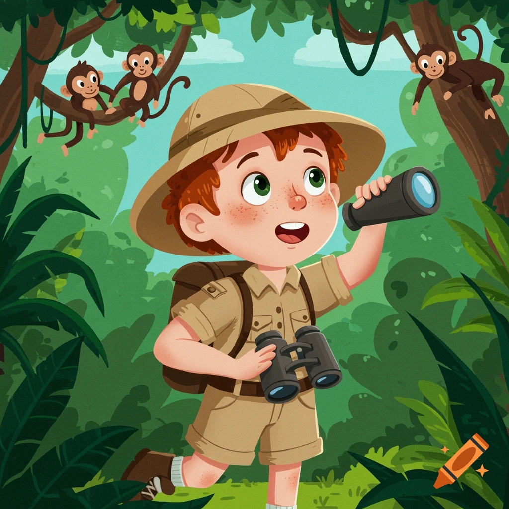 Cartoon illustration of a child explorer with binoculars looking at monkeys in a jungle.