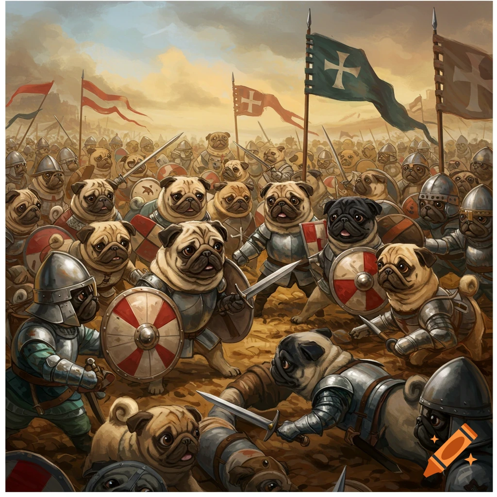 Armies of pugs in armor fighting on a battlefield under a dramatic sky.