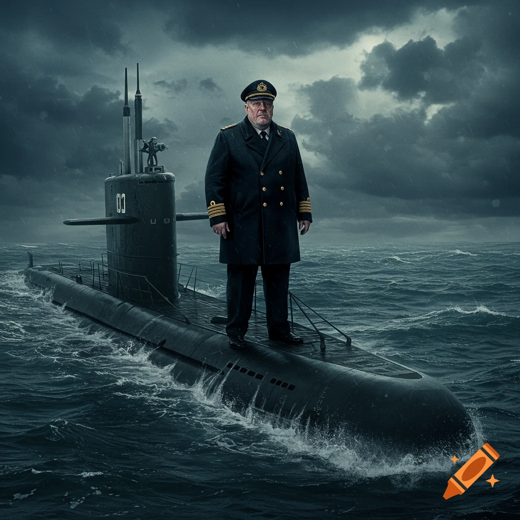 Submarine captain standing on a submarine in stormy seas.