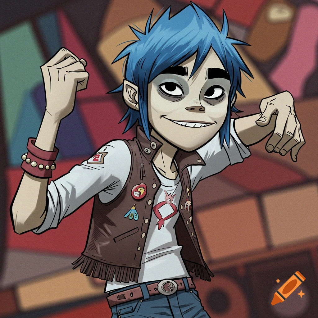 A cartoon character resembling 2D from Gorillaz, with blue hair and dark eyes, wearing a vest and jeans, posing with his arms raised.