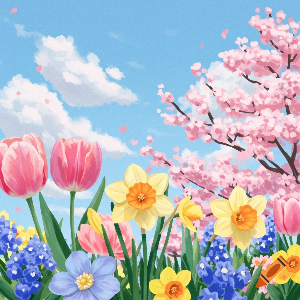 Colorful spring flowers and a cherry blossom tree under a blue sky.