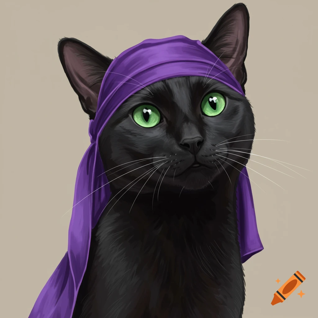 A black cat wearing a purple durag.
