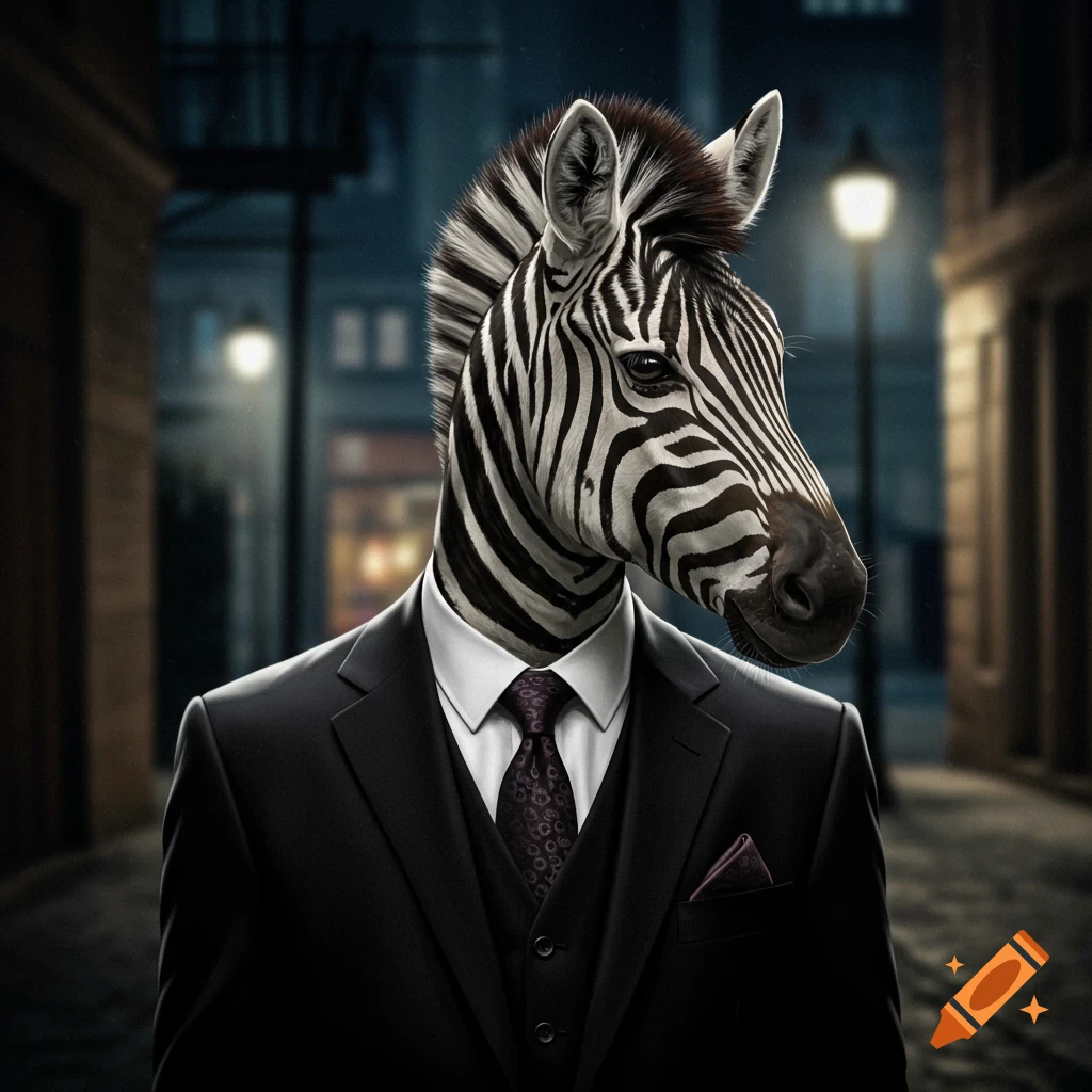 A zebra wearing a suit stands on a dark street at night.