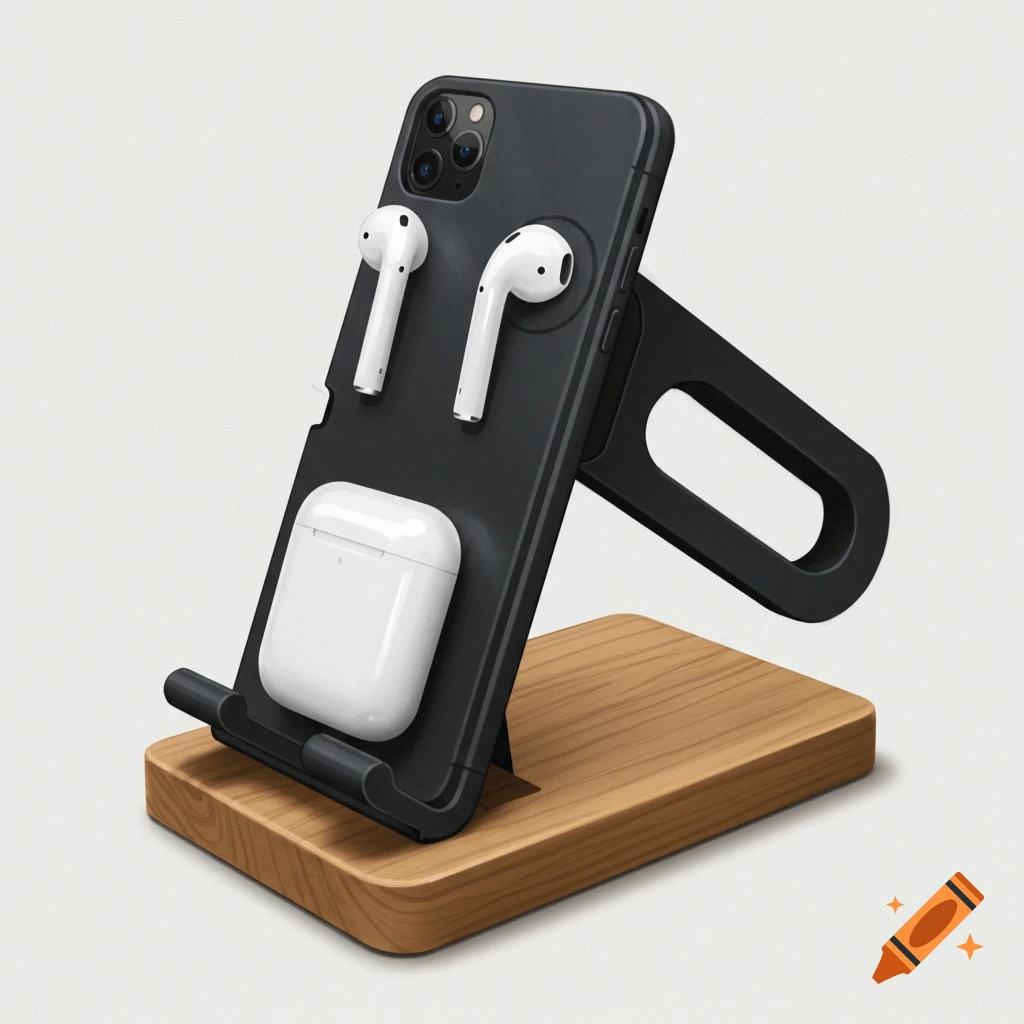Phone stand with phone, earbuds, and earbud case on a wooden base.