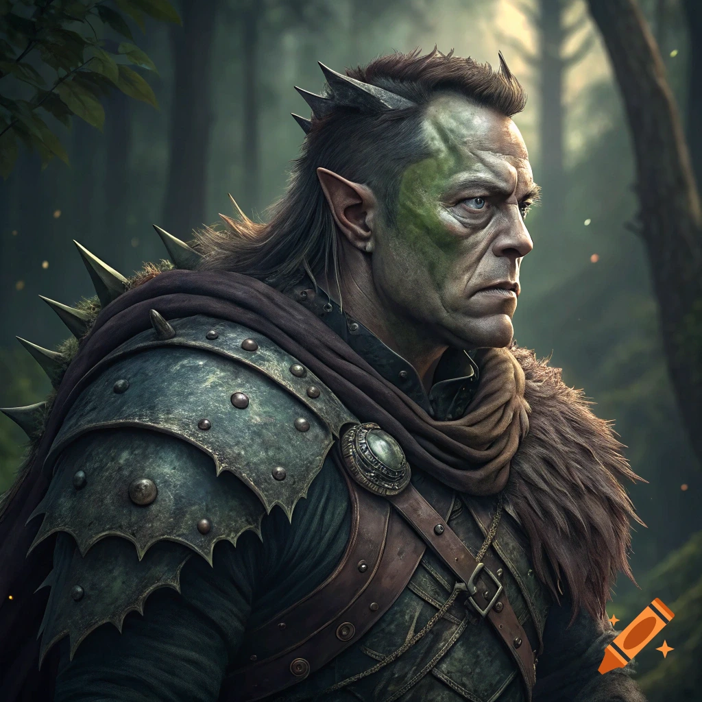 Portrait of an Orc in detailed armor in a forest.
