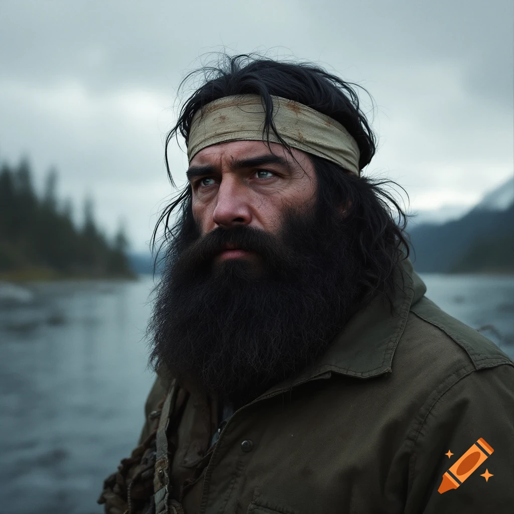 Portrait of a man with a large beard and headband in the wilderness.