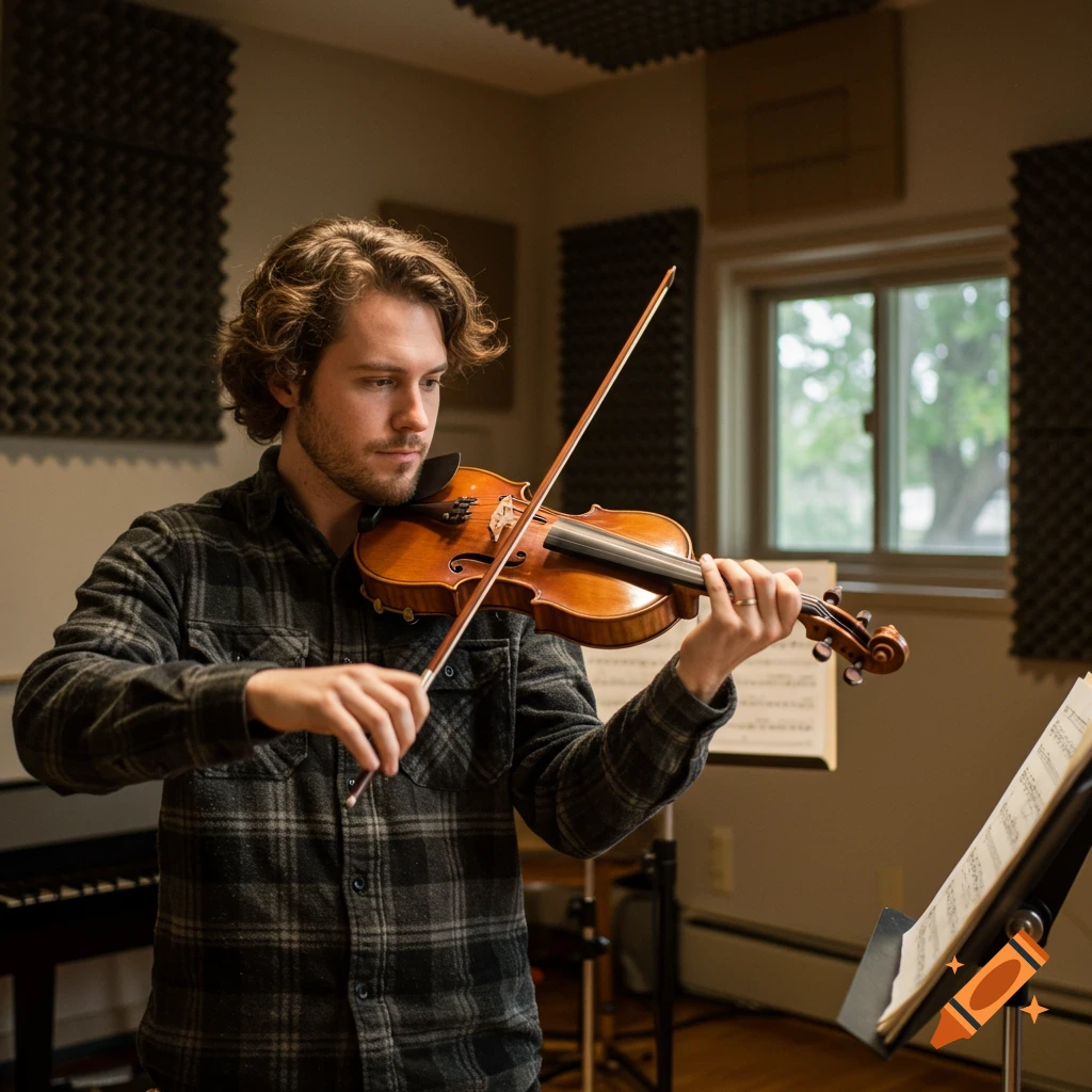 Realistic photo of a man playing a violin in a music studio