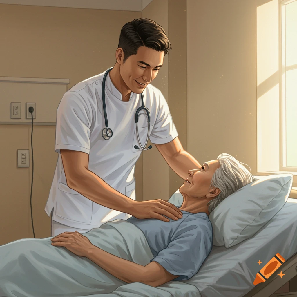 A male nurse attends to an elderly female patient in a hospital bed, illustrated in a digital art style.
