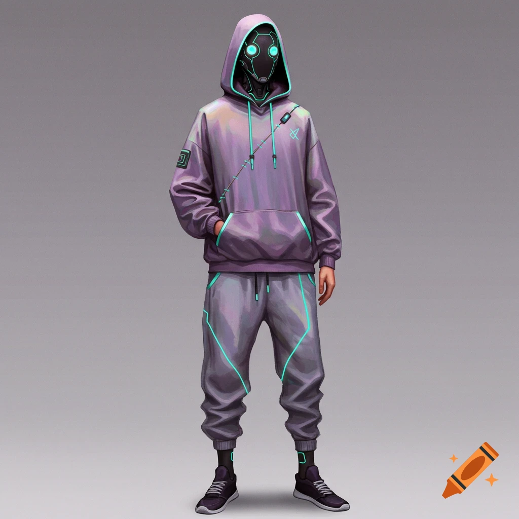 Full body of a character in a purple futuristic hoodie, grey pants with teal neon accents, and a black mask.