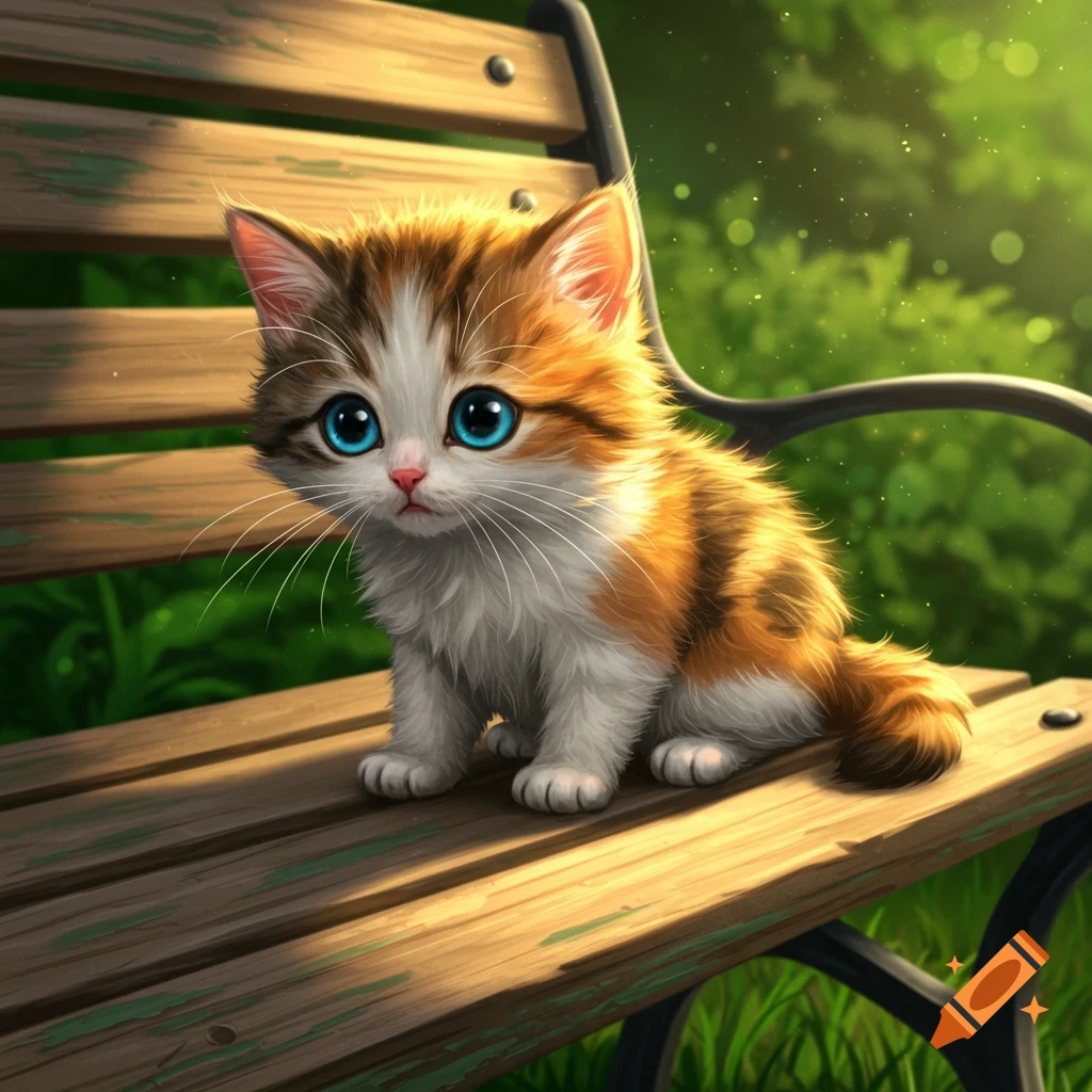 A cute calico kitten with large blue eyes sits on a wooden park bench.