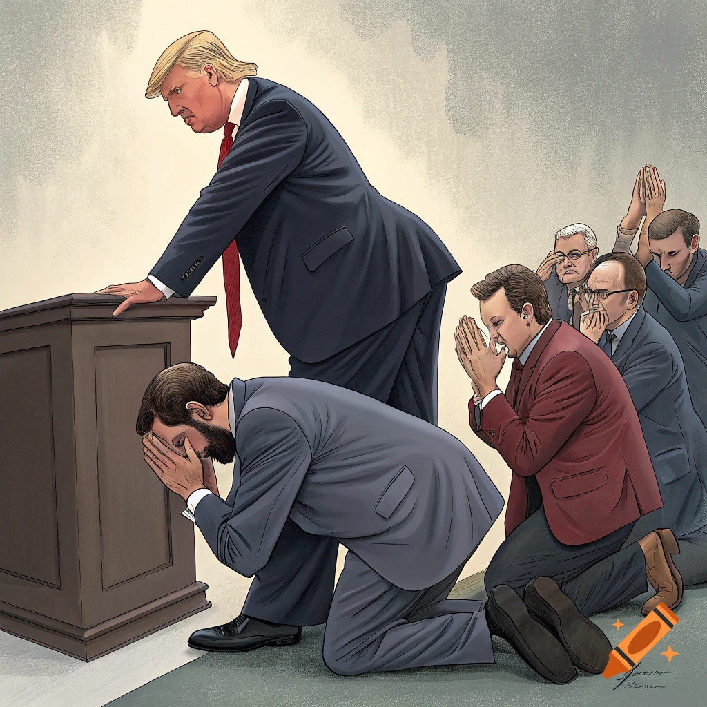 Illustration of Donald Trump standing over men in suits kneeling and praying at a podium.