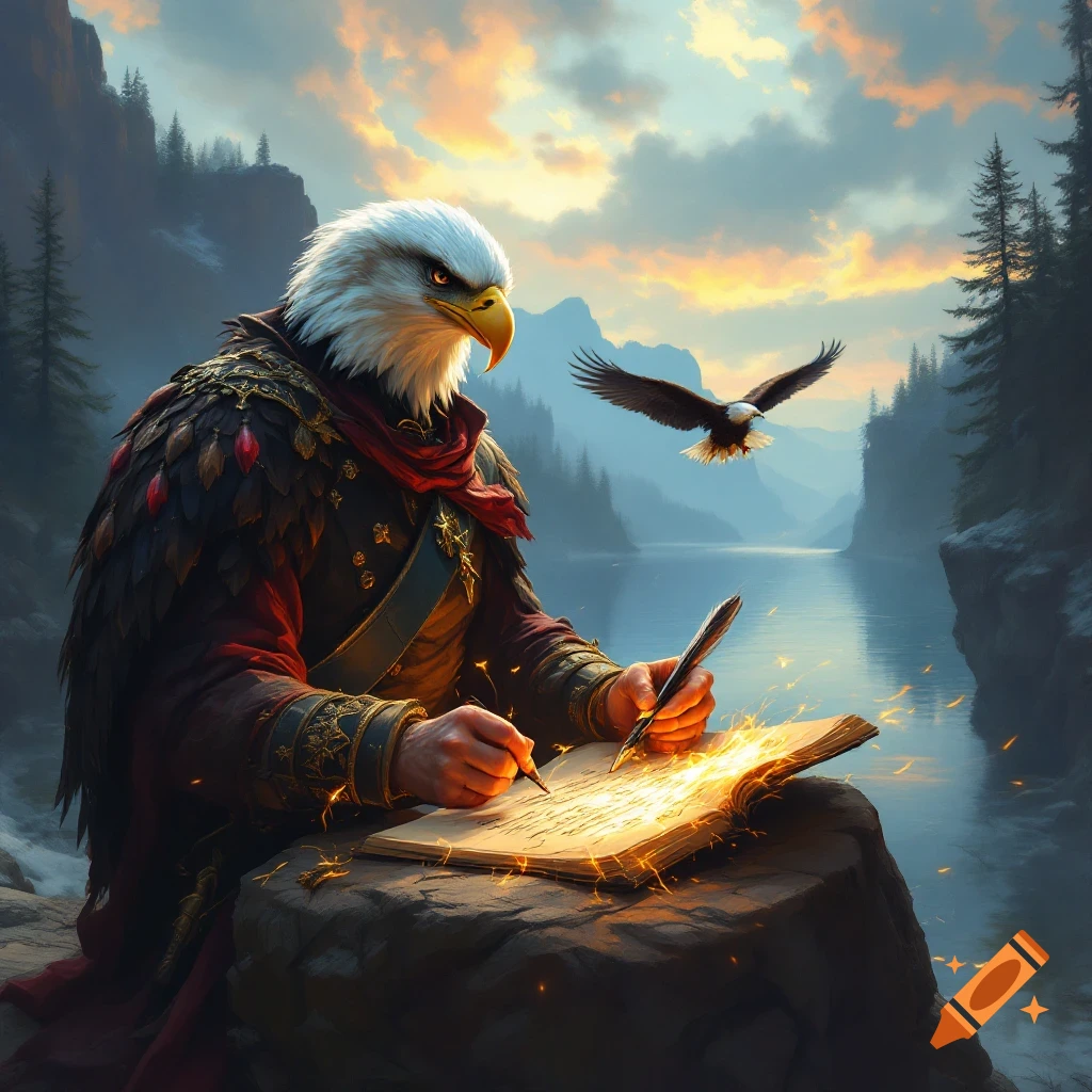 Anthropomorphic bald eagle in a feathered cloak writes in a glowing book with a quill pen on a rock overlooking a lake and mountains at sunset